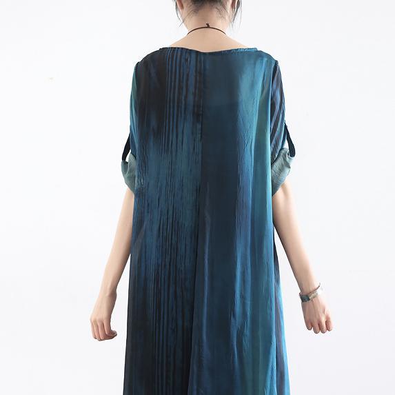 2017 blue stylish silk dresses plus size casual sundress asymmetric short sleeve maxi dress - Omychic