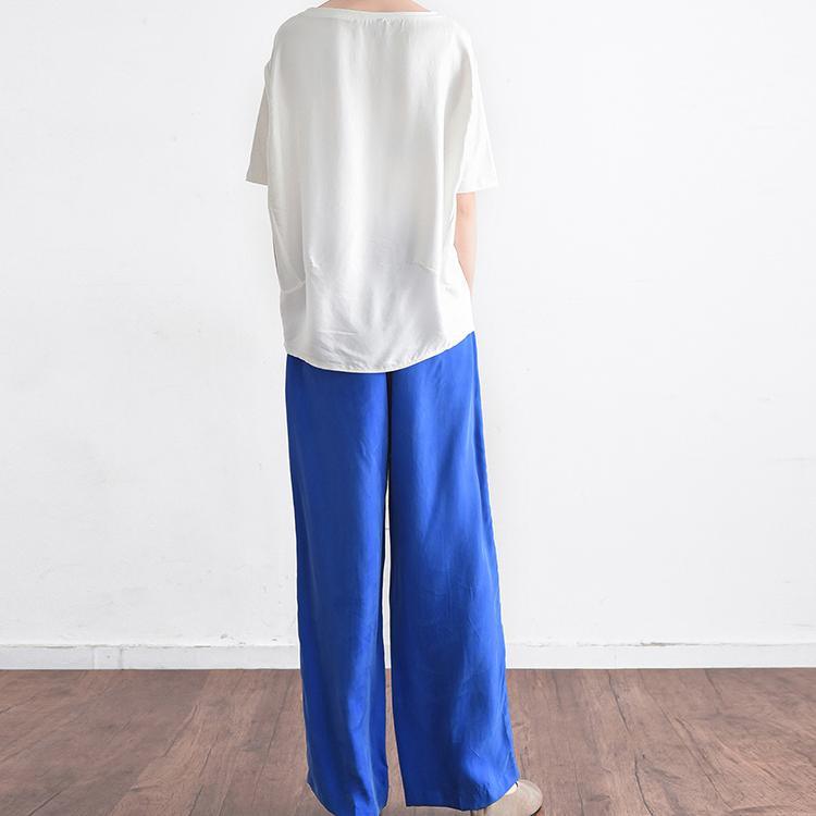 2017 blue stylish silk plus size pant elastic waist trousers - Omychic