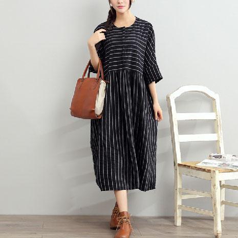 2017 black summer striped dresses plus size cotton sundress half sleeve maxi dress - Omychic