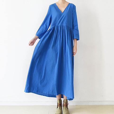 2021 blue v neck linen dresses plus size casual sundress long sleeve maxi dress - Omychic