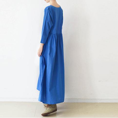 2021 blue v neck linen dresses plus size casual sundress long sleeve maxi dress - Omychic