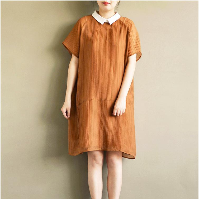 2017 brown patchwork chiffon sundress oversize layered casual dresses turn-down collar shift dress - Omychic