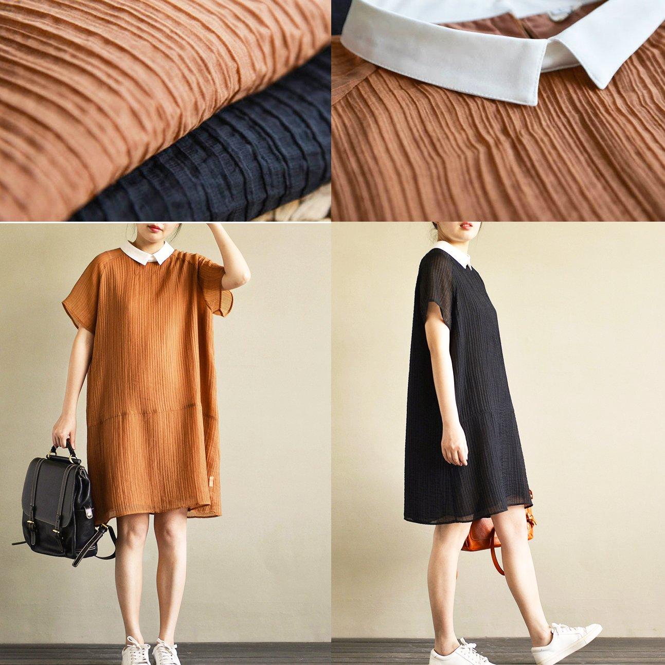 2017 brown patchwork chiffon sundress oversize layered casual dresses turn-down collar shift dress - Omychic