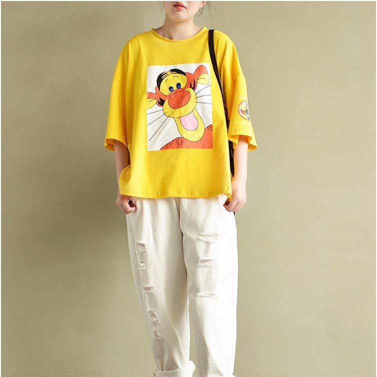 2017 cartoon print yellow cotton tops stylish cute loose pullover bracelet sleeved t shirt - Omychic