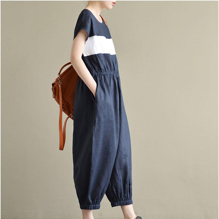 2017 casual element design linen pants short sleeve oversize jumpsuit pants - Omychic