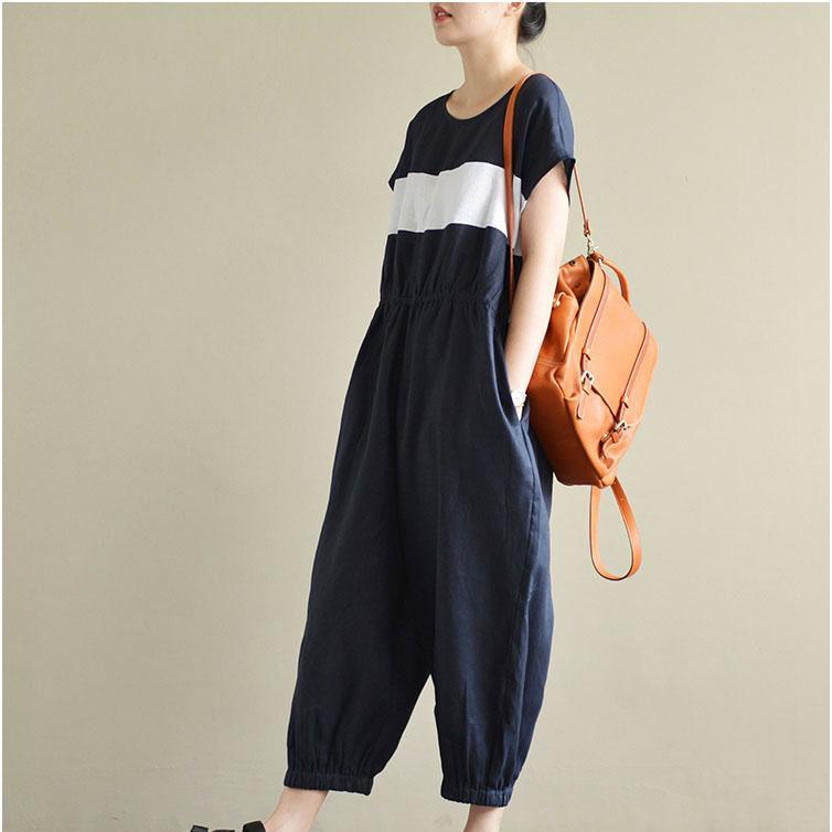 2017 casual element design linen pants short sleeve oversize jumpsuit pants - Omychic