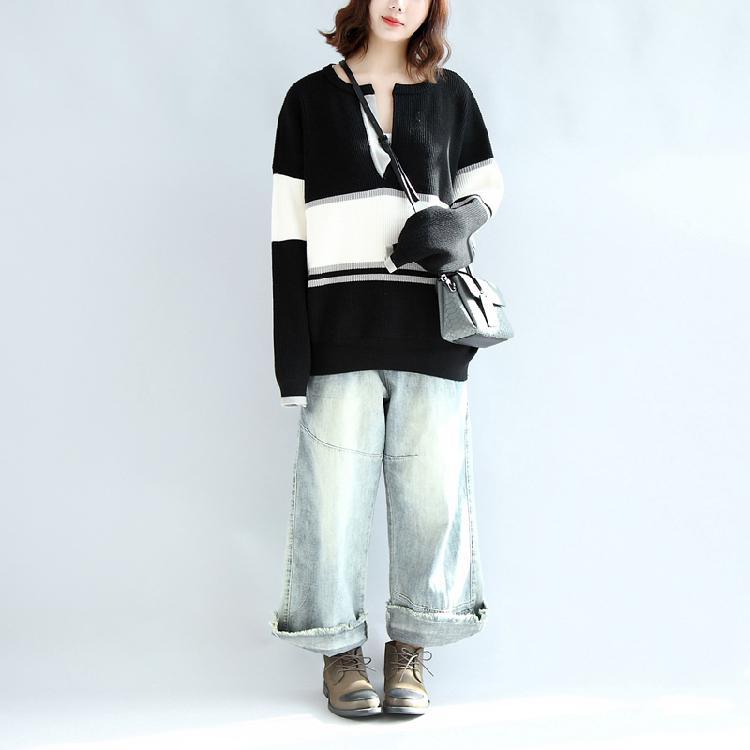 2017 casual long sleeve cotton sweater oversize black white patchwork knit pullover - Omychic