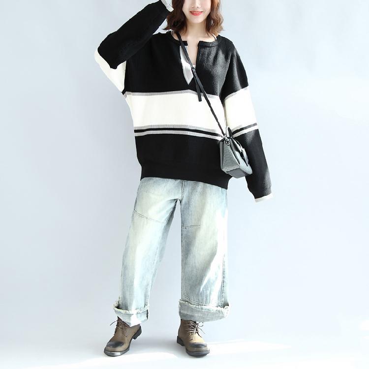 2017 casual long sleeve cotton sweater oversize black white patchwork knit pullover - Omychic