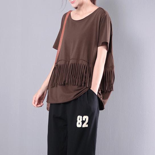 2017 chocolate cotton blouse casual tassel tops short sleeve t shirt - Omychic