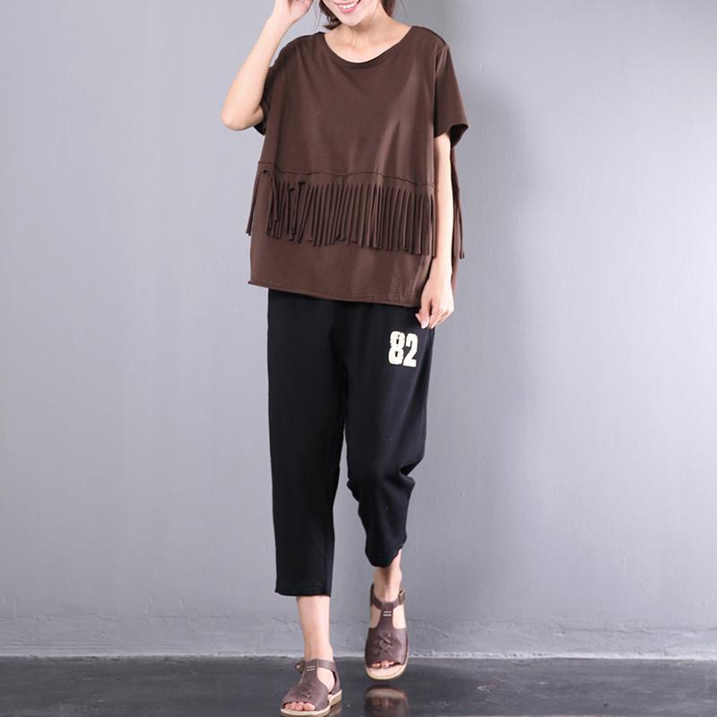 2017 chocolate cotton blouse casual tassel tops short sleeve t shirt - Omychic