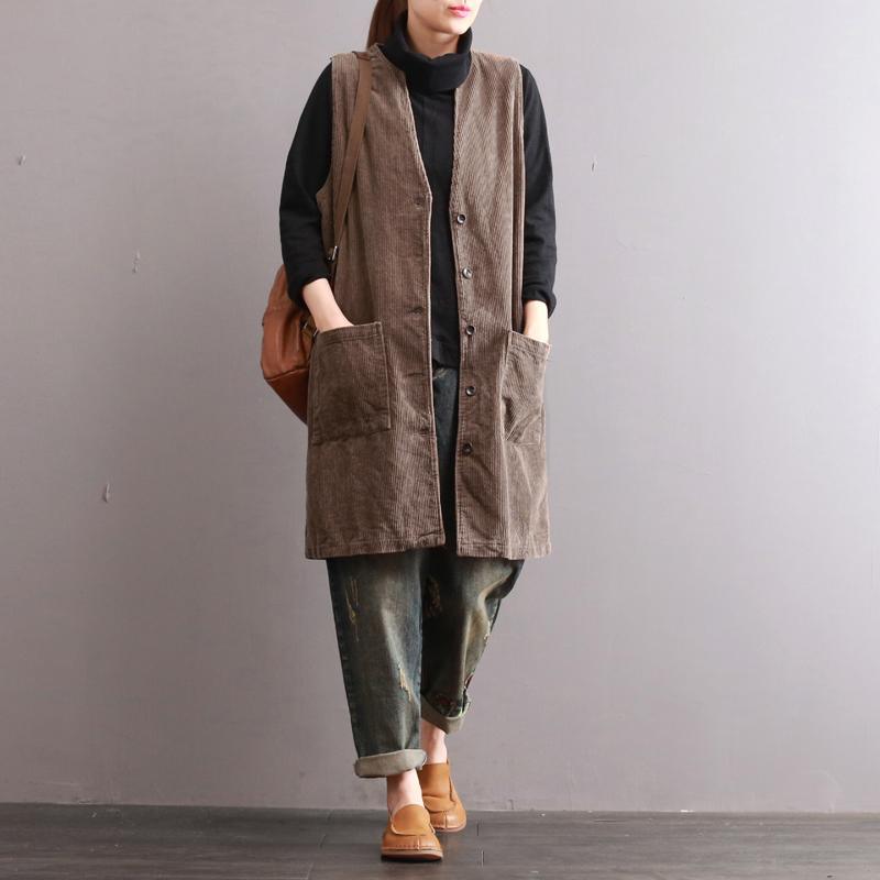 2017 corduroy khaki long coats plus size vintage v neck waistcoat coats - Omychic