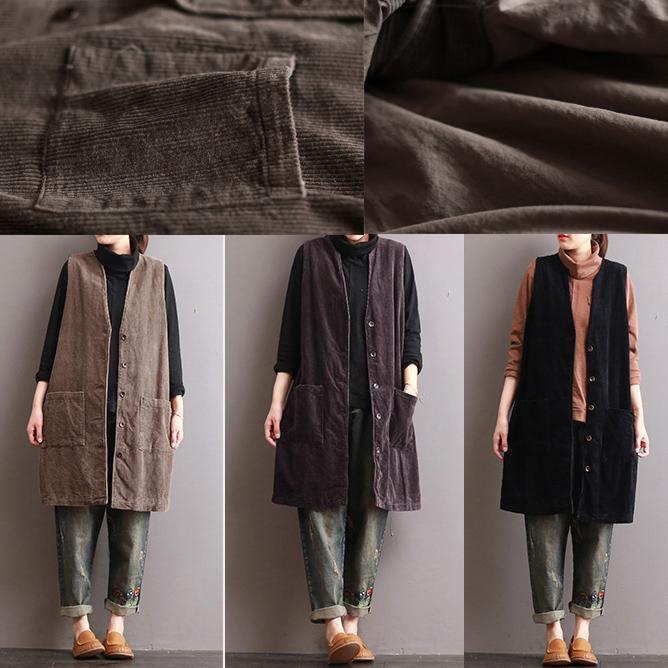 2017 corduroy khaki long coats plus size vintage v neck waistcoat coats - Omychic