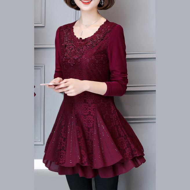 2017 cute fashion burgundy lace dresses plus size patchwork hollow out elegant dress - Omychic