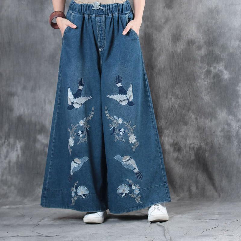 2021 denim drak blue embroidery pants plus size elastic waist vintage wide leg pants - Omychic