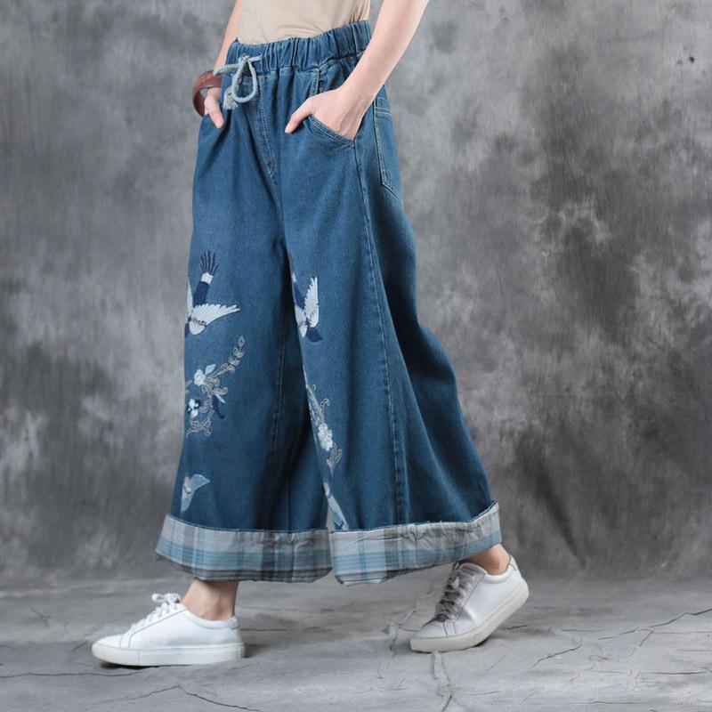 2021 denim drak blue embroidery pants plus size elastic waist vintage wide leg pants - Omychic