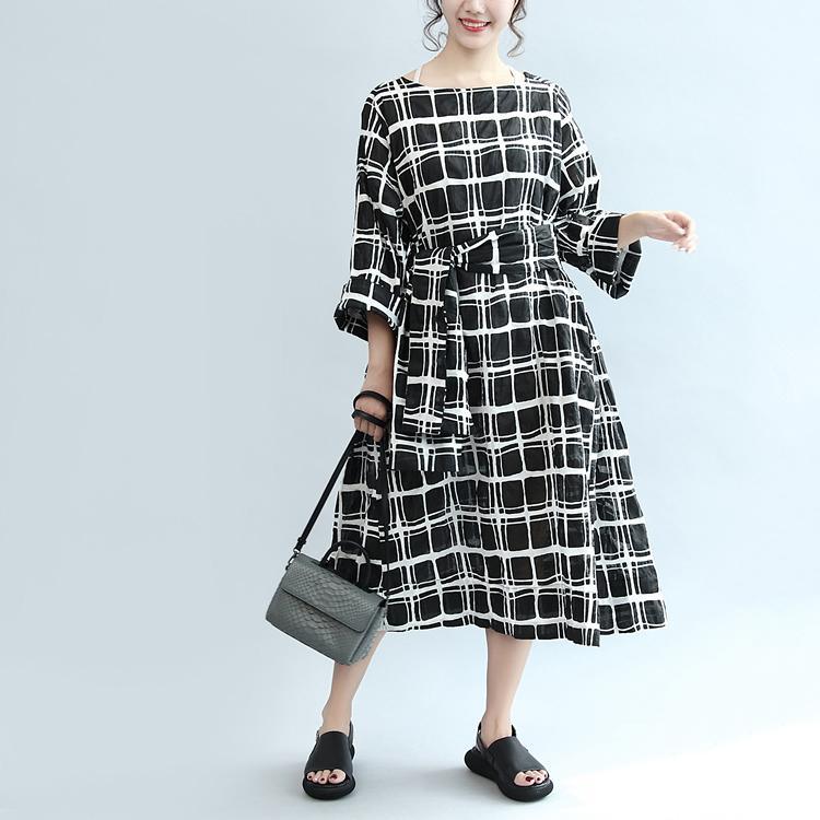 2017 fall black white grid linen dress plus size drawstring long sleeve maxi dress - Omychic