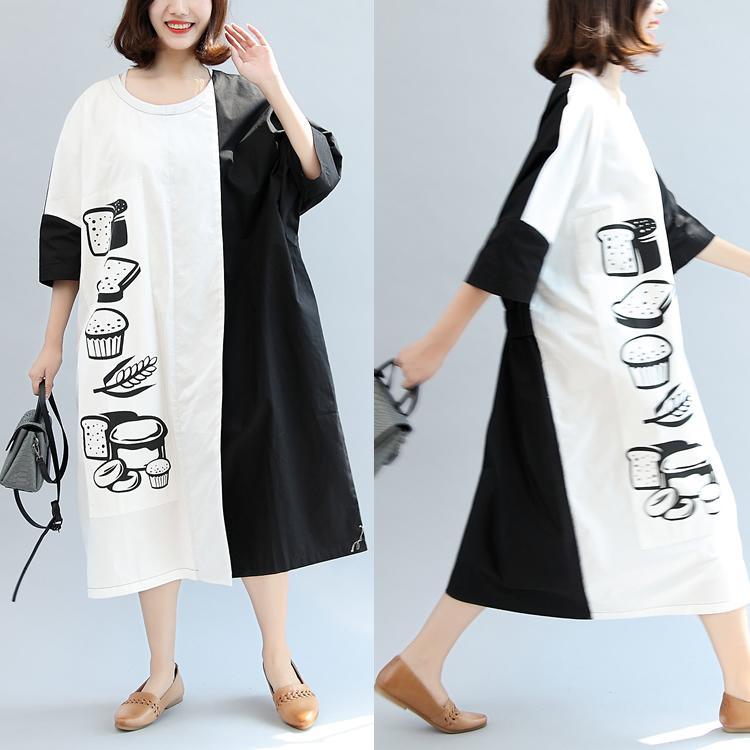 2017 fall black white patchwork cotton dresses plus size casual print maxi dress - Omychic