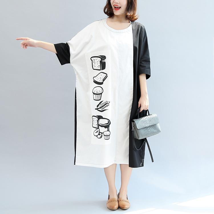 2017 fall black white patchwork cotton dresses plus size casual print maxi dress - Omychic