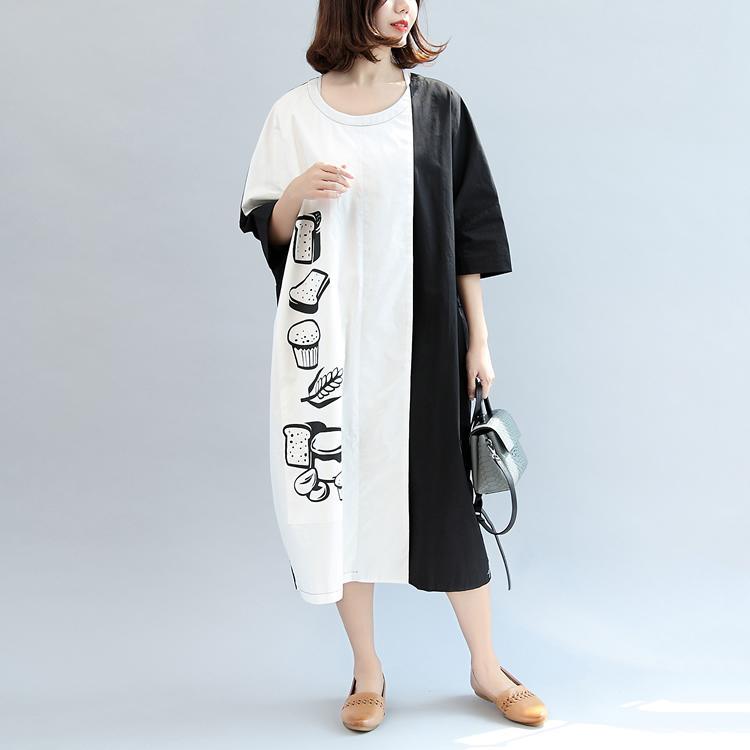 2017 fall black white patchwork cotton dresses plus size casual print maxi dress - Omychic