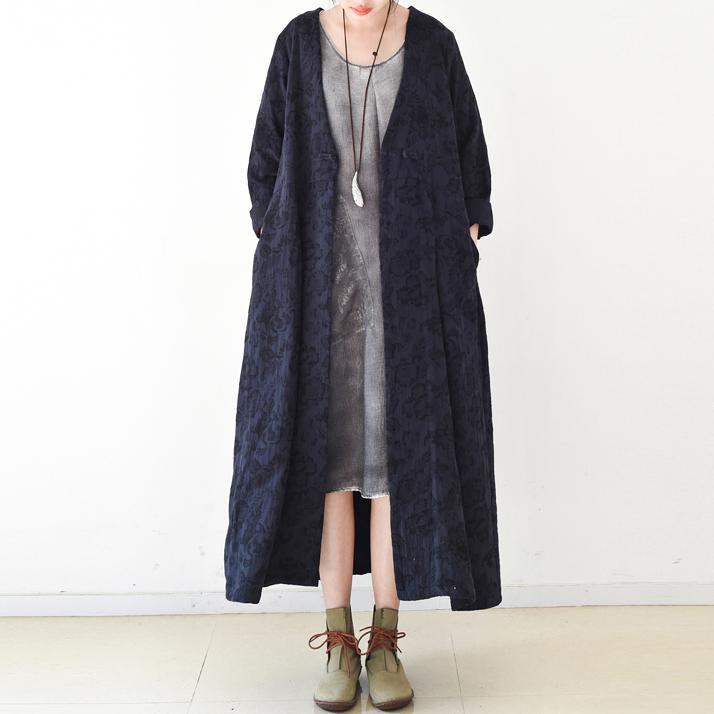 2021 fall blue jacquard linen cardigans plus size casual trench coat - Omychic