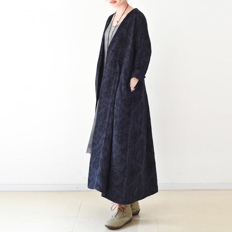 2021 fall blue jacquard linen cardigans plus size casual trench coat - Omychic