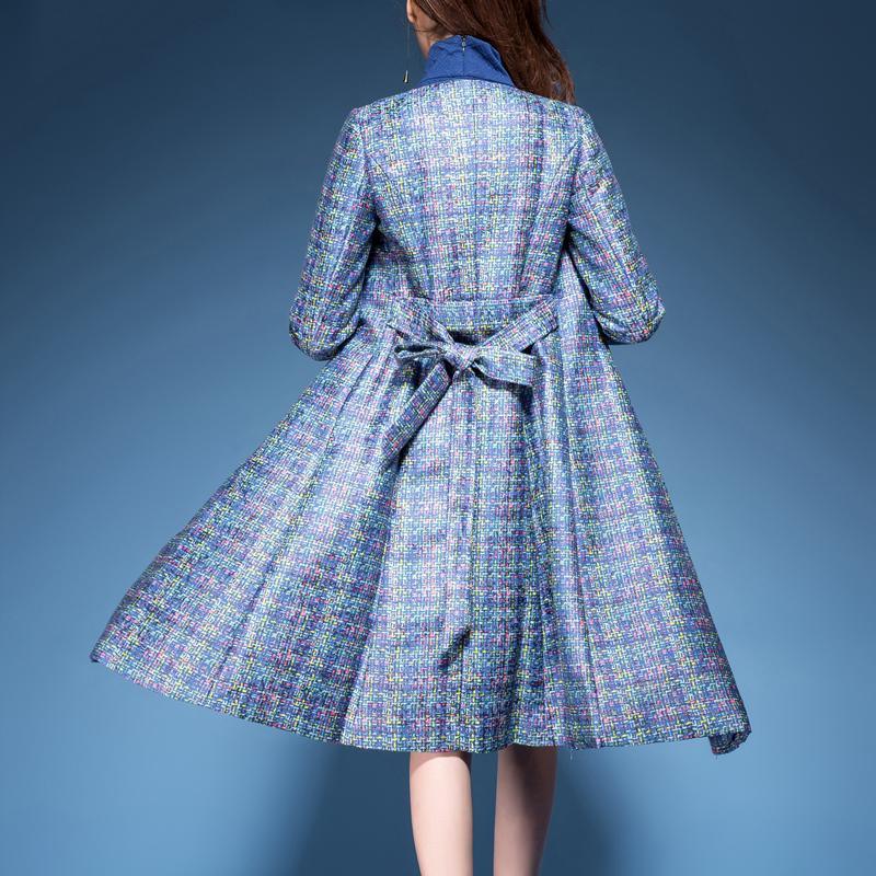 2017 fall blue prints cotton blended tie waist coats  slim fit large hem trench coat - Omychic