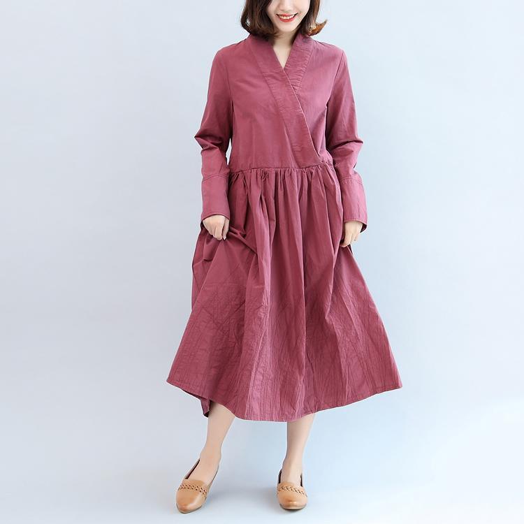 2017 fall burgundy cotton dresses plus size casual v neck maxi dress - Omychic