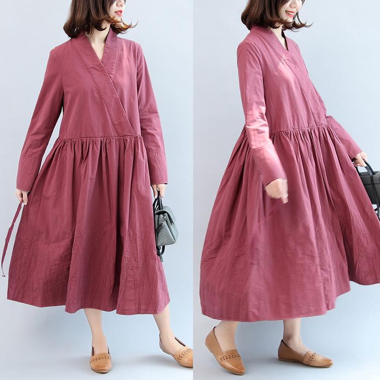 2017 fall burgundy cotton dresses plus size casual v neck maxi dress - Omychic
