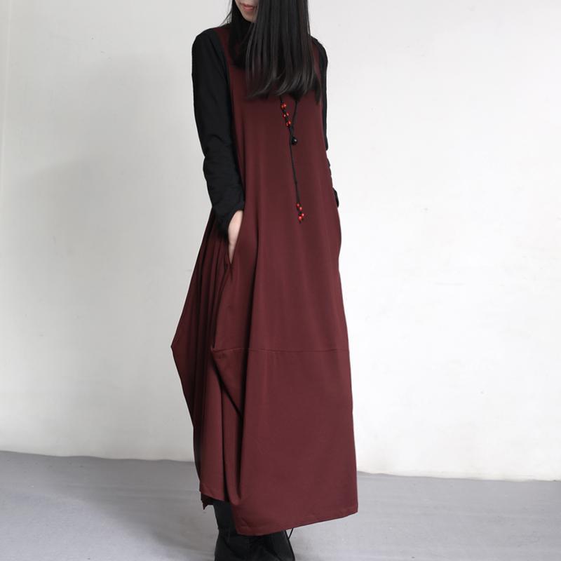 2017 fall burgundy vintage sleeveless cotton dresses asymmetric draping slim  maxi dress - Omychic
