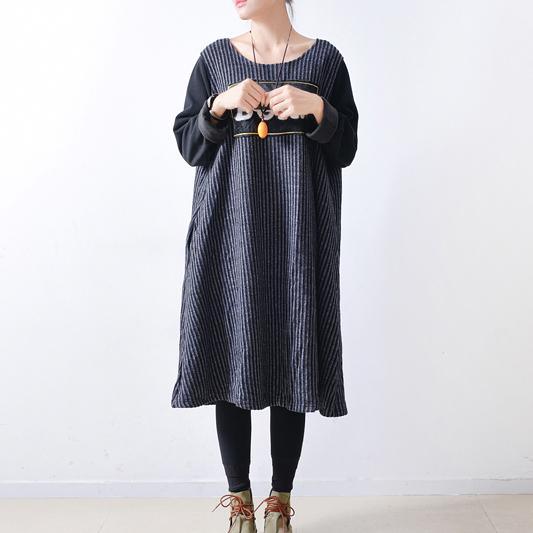 2017 fall gray blue striped knit fabric sweater dresses plus size patchwork casual dresses - Omychic