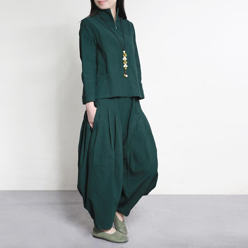 2017 fall green casual solid casual tops with vintage wrinkled wide leg pants - Omychic