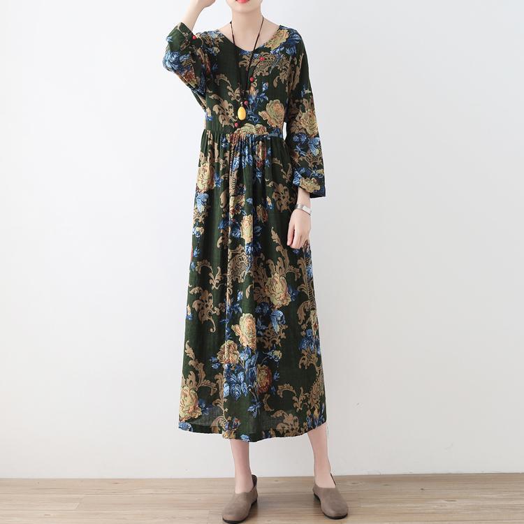 2017 fall green print linen dresses chinese Button plus size vintage maxi dress - Omychic