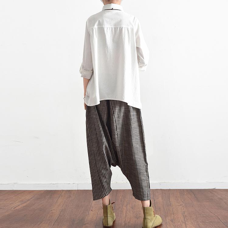 2021 fall linen strip haram pants plus size casual cotton loose crop pants - Omychic