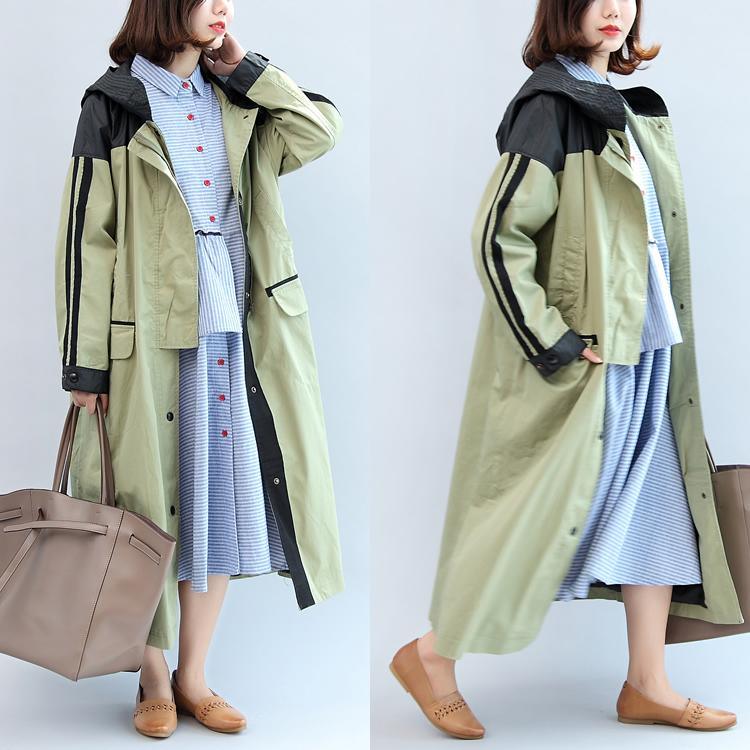 2017 fall linght green patchwork cotton outwear plus size casual hooded maxi coat - Omychic