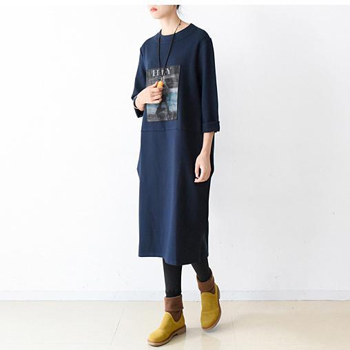 2017 fall navy cotton dresses print baggy loose patchwork casual maxi dress - Omychic