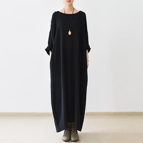 2021 Fall New Black Linen Dresses Plus Size Casual Maxi Dress - Omychic