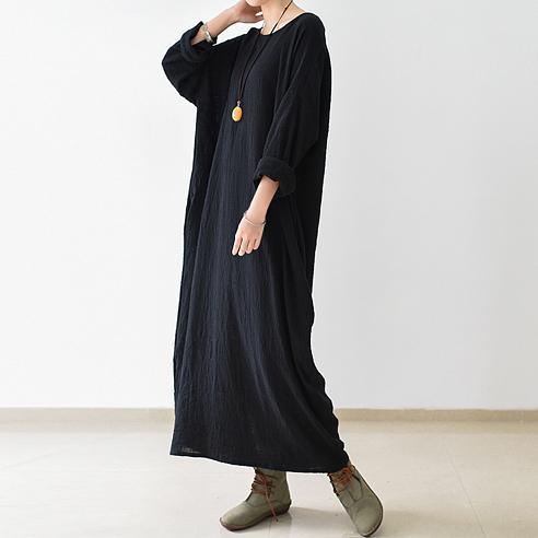 2021 Fall New Black Linen Dresses Plus Size Casual Maxi Dress - Omychic