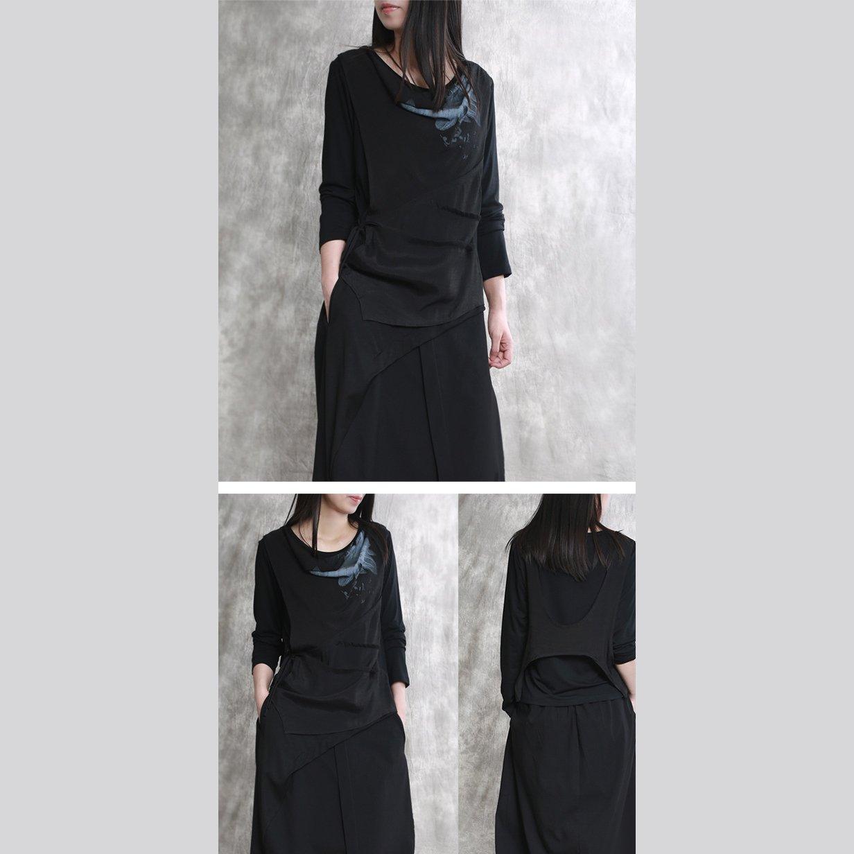 2017 fall new black prints cotton blouse asymmetrical long sleeve tops - Omychic