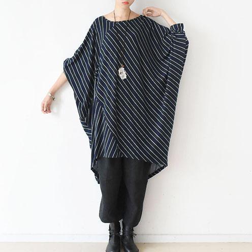 2017 fall new dark blue striped cotton dresses plus size fashion batwing sleeve casual dress - Omychic