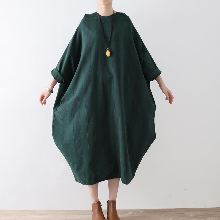 2017 fall new green striped linen dresses plus size stylish hooded asymmetric maxi dress - Omychic