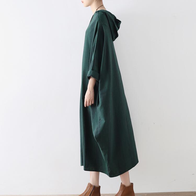 2017 fall new green striped linen dresses plus size stylish hooded asymmetric maxi dress - Omychic
