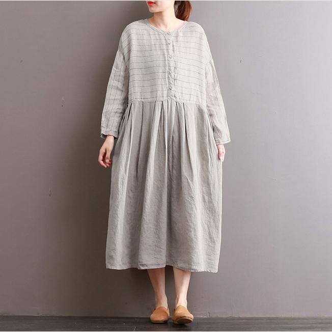 2017 fall new striped patchwork linen dresses plus size elastic waist casual dress - Omychic