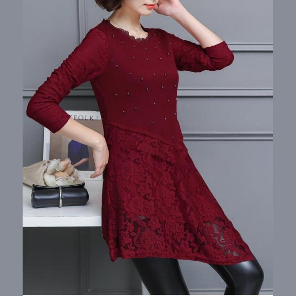 2017 fall red casual patchwork lace dresses loose silm long sleever cute elegant dress - Omychic