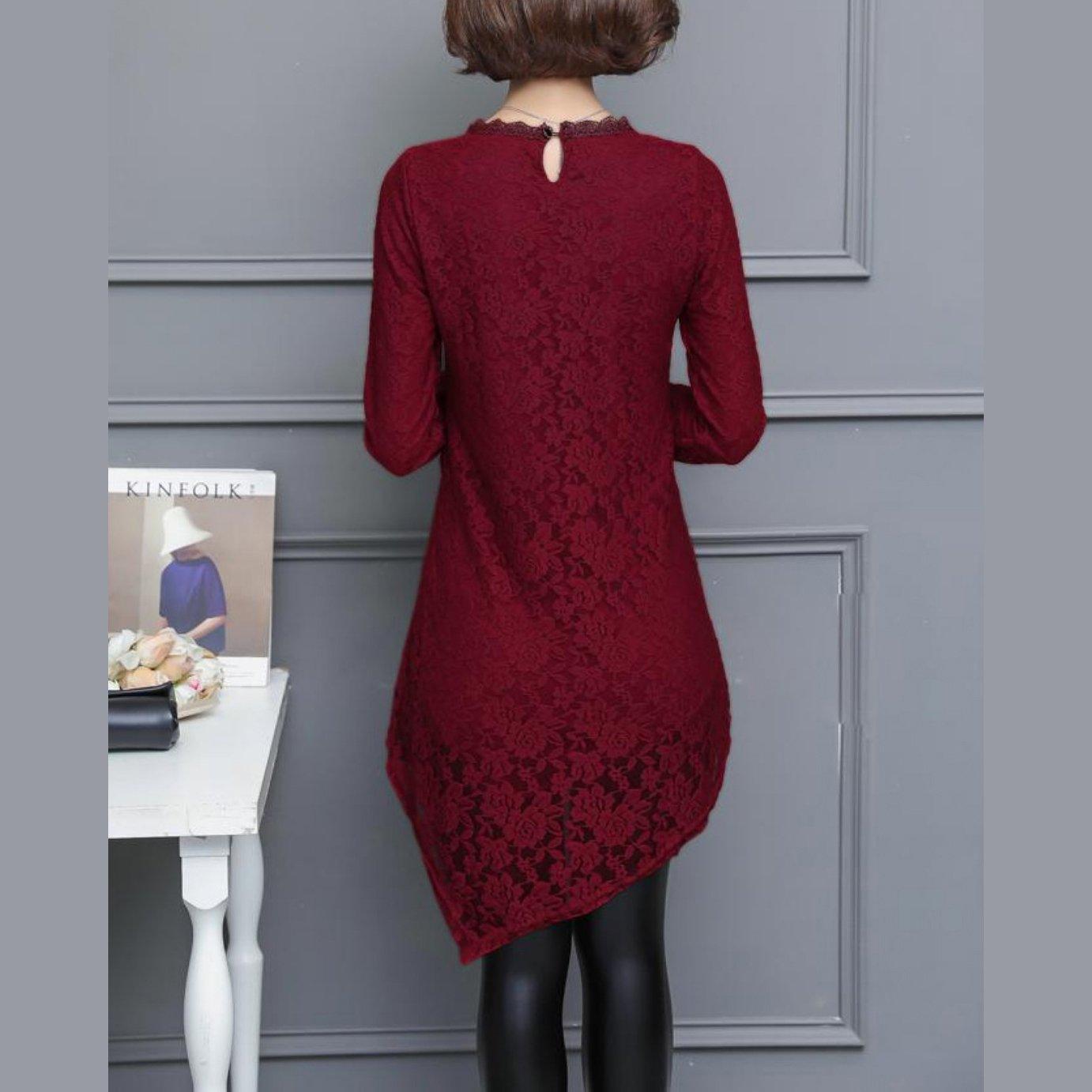 2017 fall red casual patchwork lace dresses loose silm long sleever cute elegant dress - Omychic