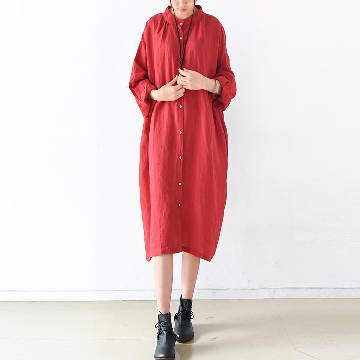 2017 fall red linen dresses baggy loose wrinkled plus size lapel maxi dress - Omychic