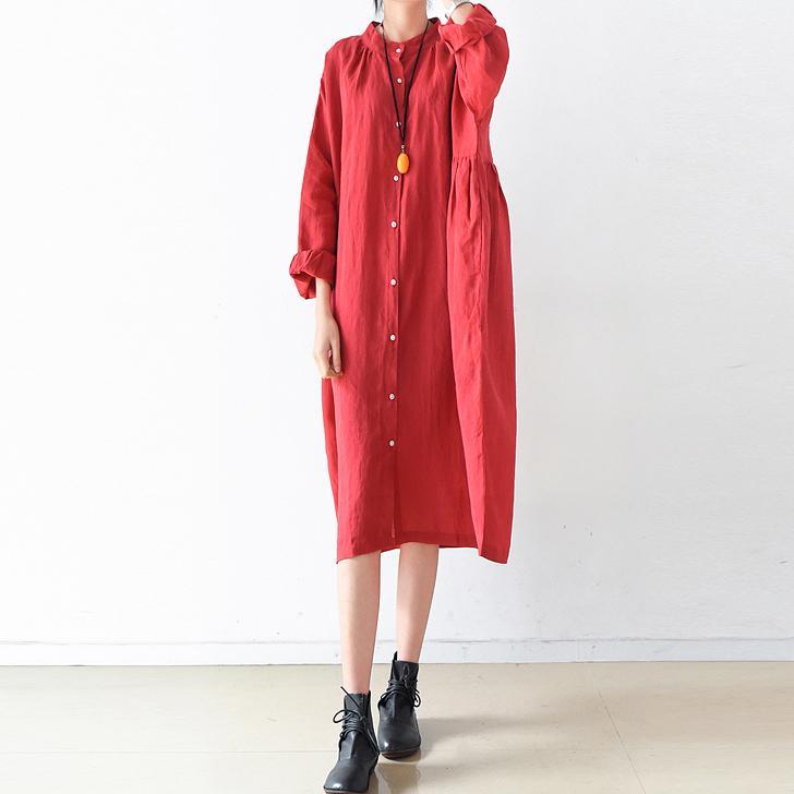 2017 fall red linen dresses baggy loose wrinkled plus size lapel maxi dress - Omychic