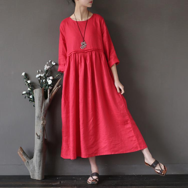 2017 fall red patchwork linen dresses plus size casual high waist maxi dress - Omychic