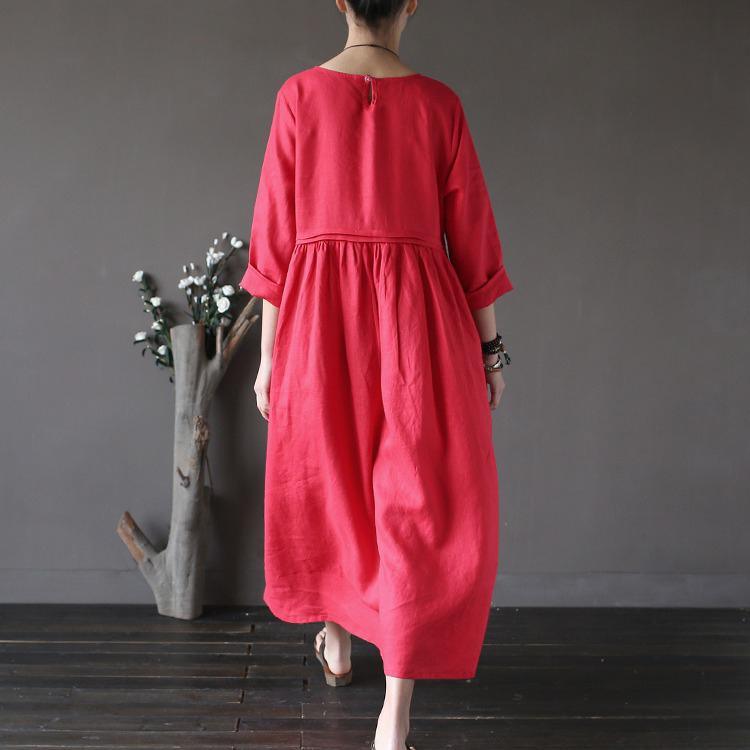 2017 fall red patchwork linen dresses plus size casual high waist maxi dress - Omychic
