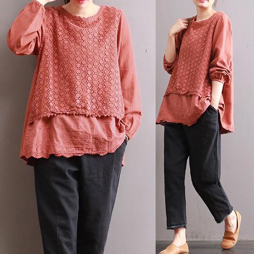 2017 fall red patchwork linen tops loose casual hollow out linen pullover - Omychic