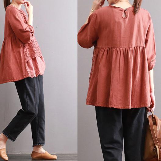 2017 fall red patchwork linen tops loose casual hollow out linen pullover - Omychic